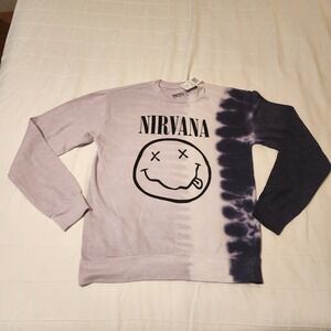 NWT Size SMALL Mens Nirvana Graphic Tie Dye Sweatshirt Purple Pink Smiley Face